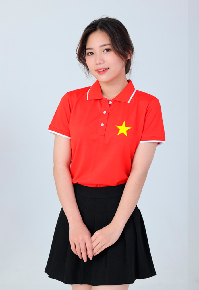 May áo phông màu đỏ in hình sao vàng | May ao phong dong phuc